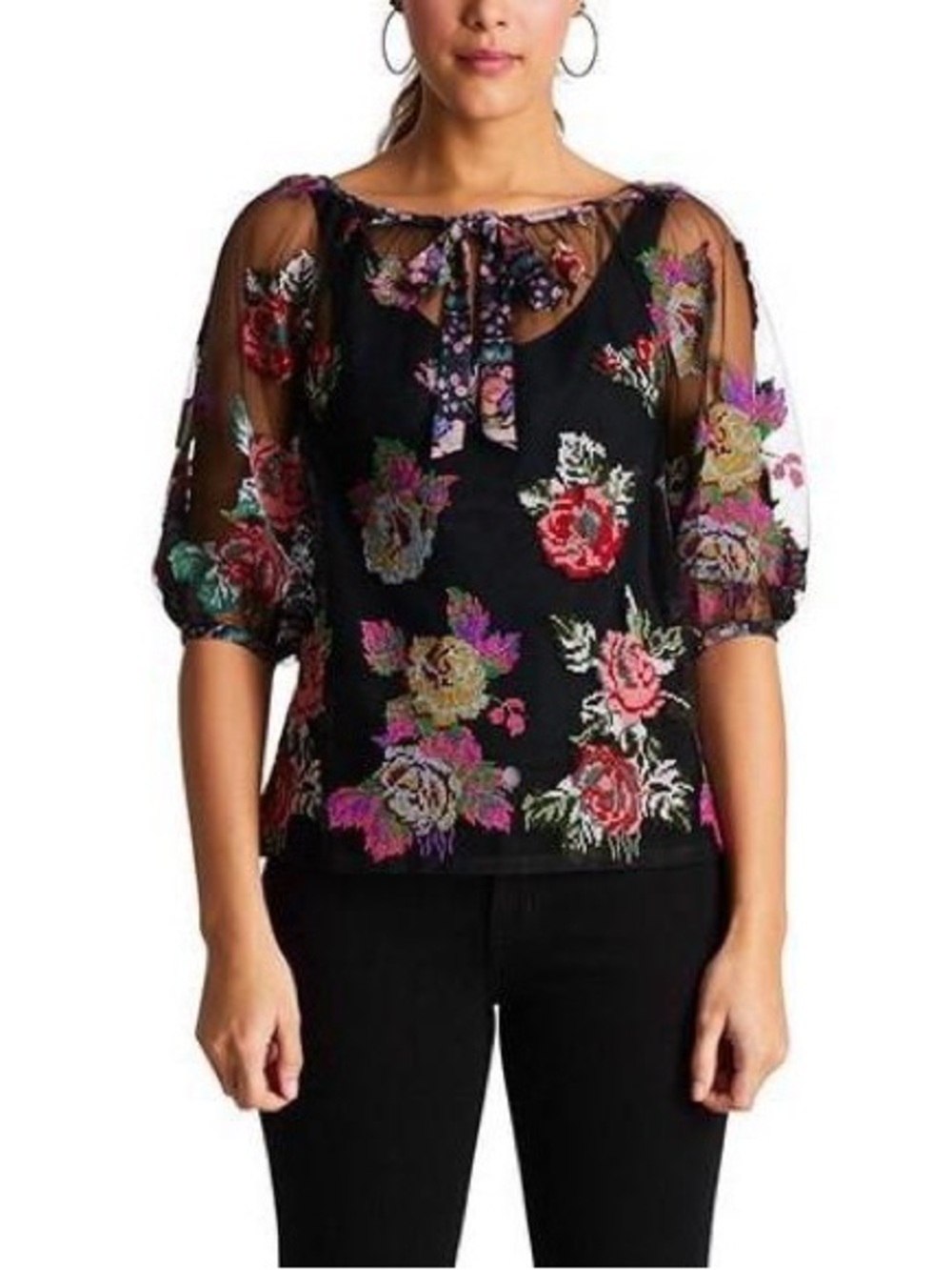Anna Sui Sheer Black Floral Beaded Blouse with Ribbon Tie - Picture 6 of 15